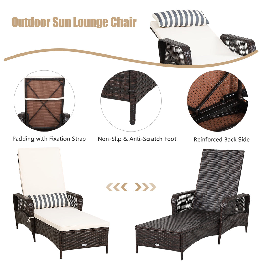 Rattan Patio Lounge Chair Chaise W/ Adjustable Backrest Cushion & Pillow