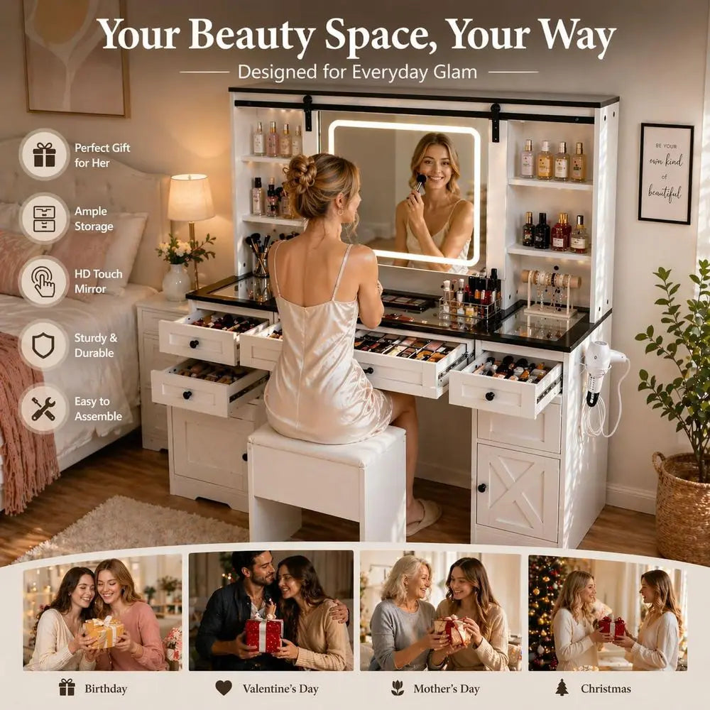 Adjustable Makeup Vanity Desk with Sliding Mirror, Glass Top & 7 Drawers – White