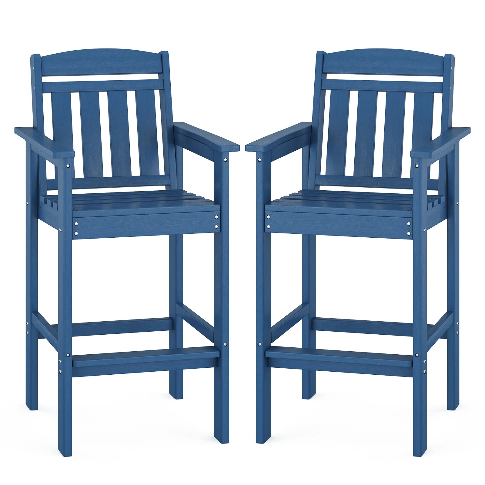 Set of 2 Tall Adirondack Chairs, HDPE Bar Stools with Connecting Tray, All-Weather Patio Chair, Bar Height for Balcony