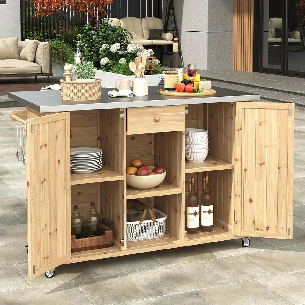 Outdoor Grill Cart with Stainless Steel Top, Patio Kitchen Island Storage Cabinet, BBQ Bar