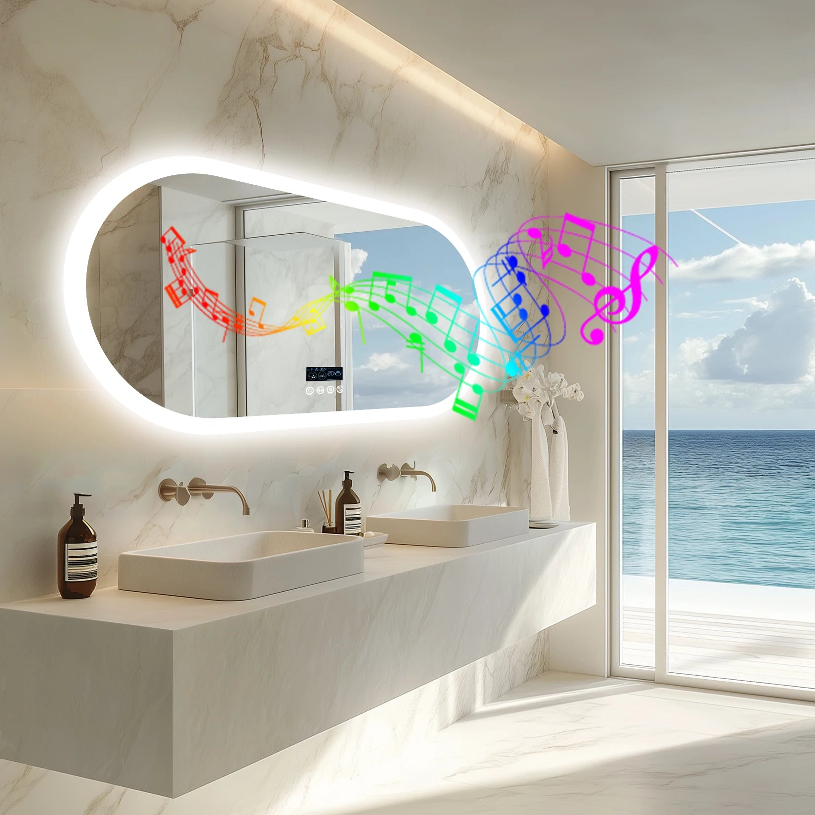 Oval LED Bathroom Mirror with Lights, Anti-Fog, Bluetooth Speaker, 3 Colors Temperature Dimmable Lighted Mirrors Waterproof