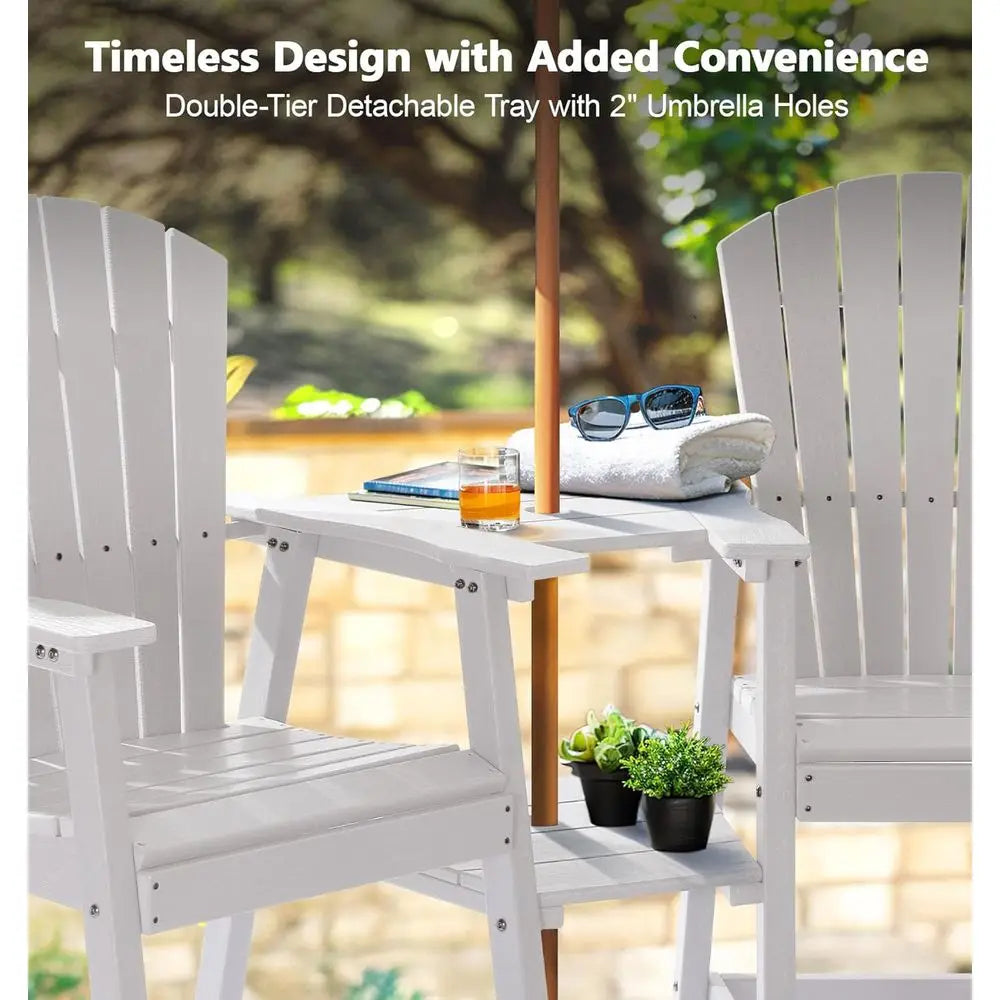 Set of 2 White Bar Height Outdoor Patio Chairs with Double Tray, Weather-Resistant for Balcony or Garden