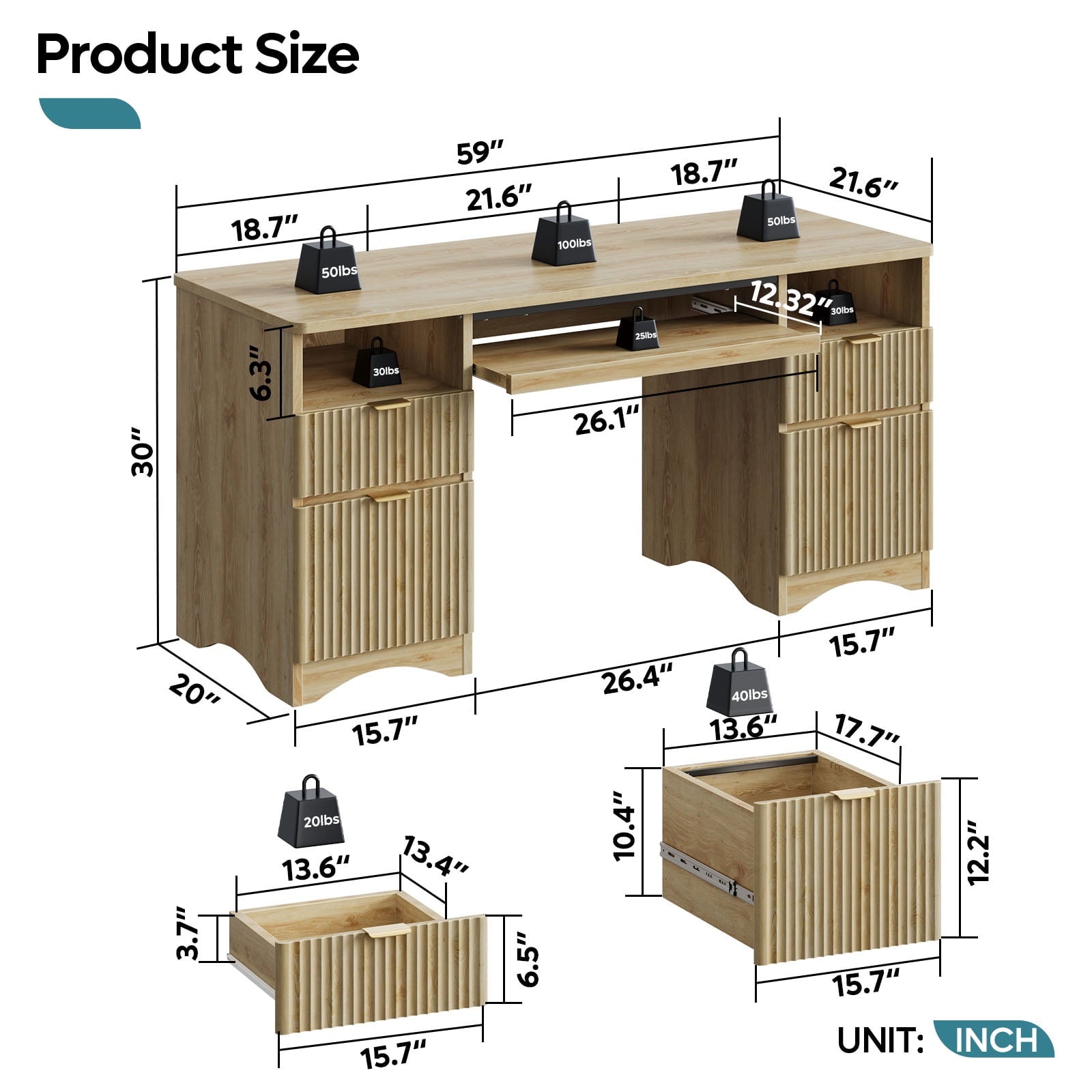 59" Home Office Computer Desk with Keyboard Tray and Storage Drawers, Modern Executive Desk for Writing Reading, Oak