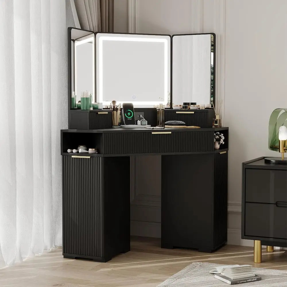 Makeup Vanity Desk with Mirror, Lights & Charging Station – Modern Black Dressing Table with Storage Cabinet
