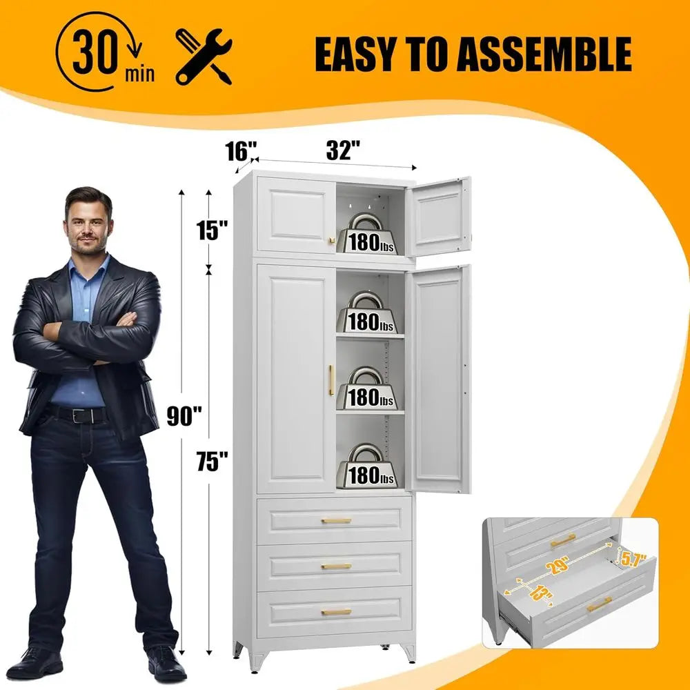 90" Tall Metal Pantry Cabinet with Doors, Shelves & Drawers – White