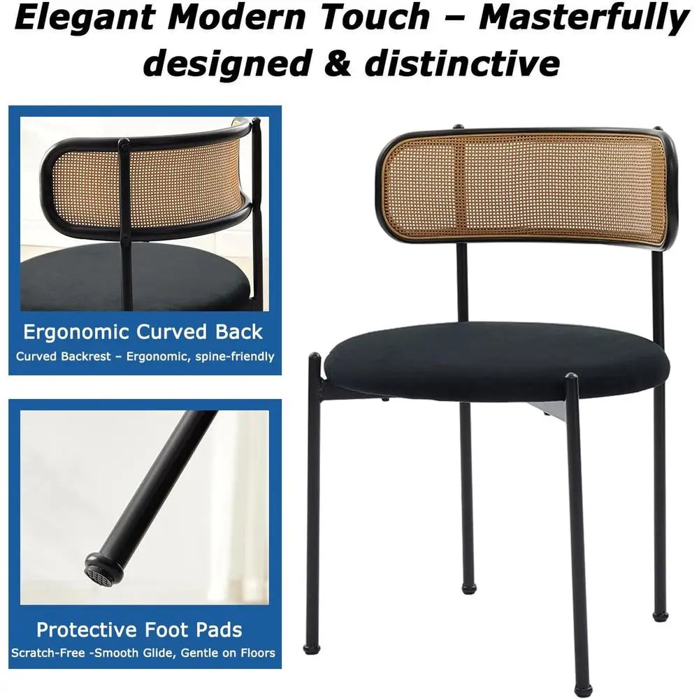 Mid-Century Modern Rattan Dining Chairs Set of 4 with Sherpa Upholstery & Metal Legs – Black