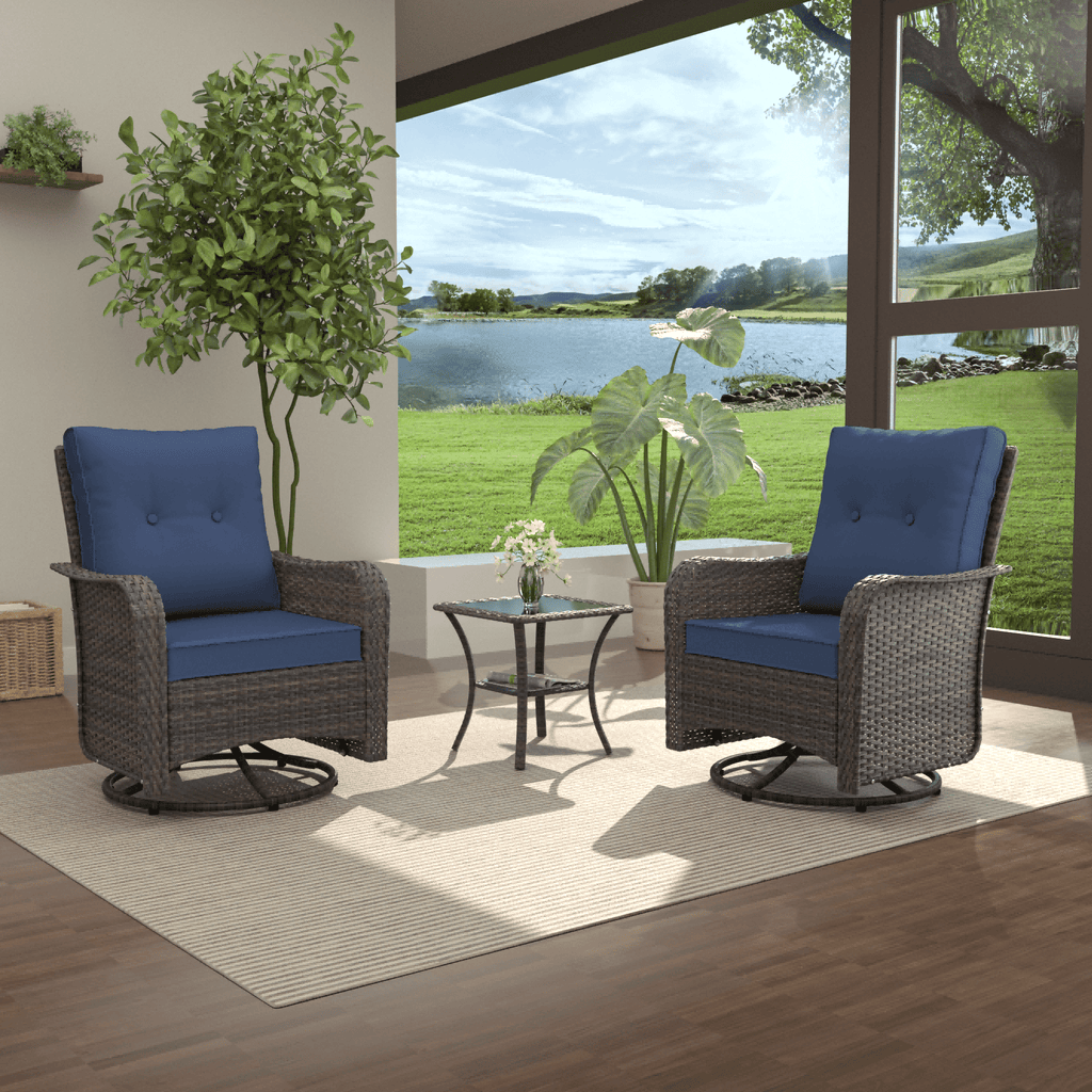 3-Piece Rattan Rockers , Wicker Swivel Rocking Chair Set with Glass Top Coffee Table, 360° Rotation (Navy Blue)