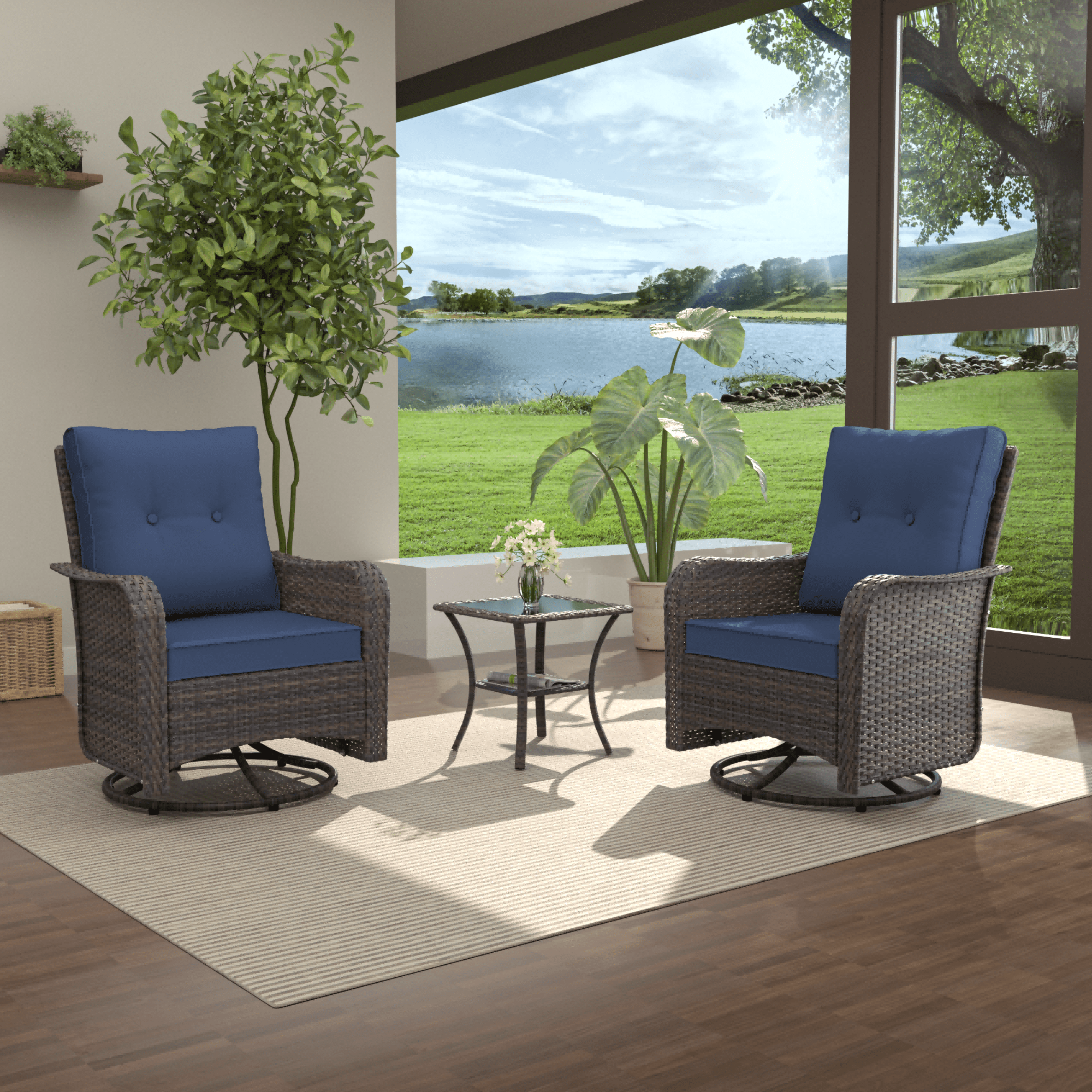 3-Piece Rattan Rockers , Wicker Swivel Rocking Chair Set with Glass Top Coffee Table, 360° Rotation (Navy Blue)