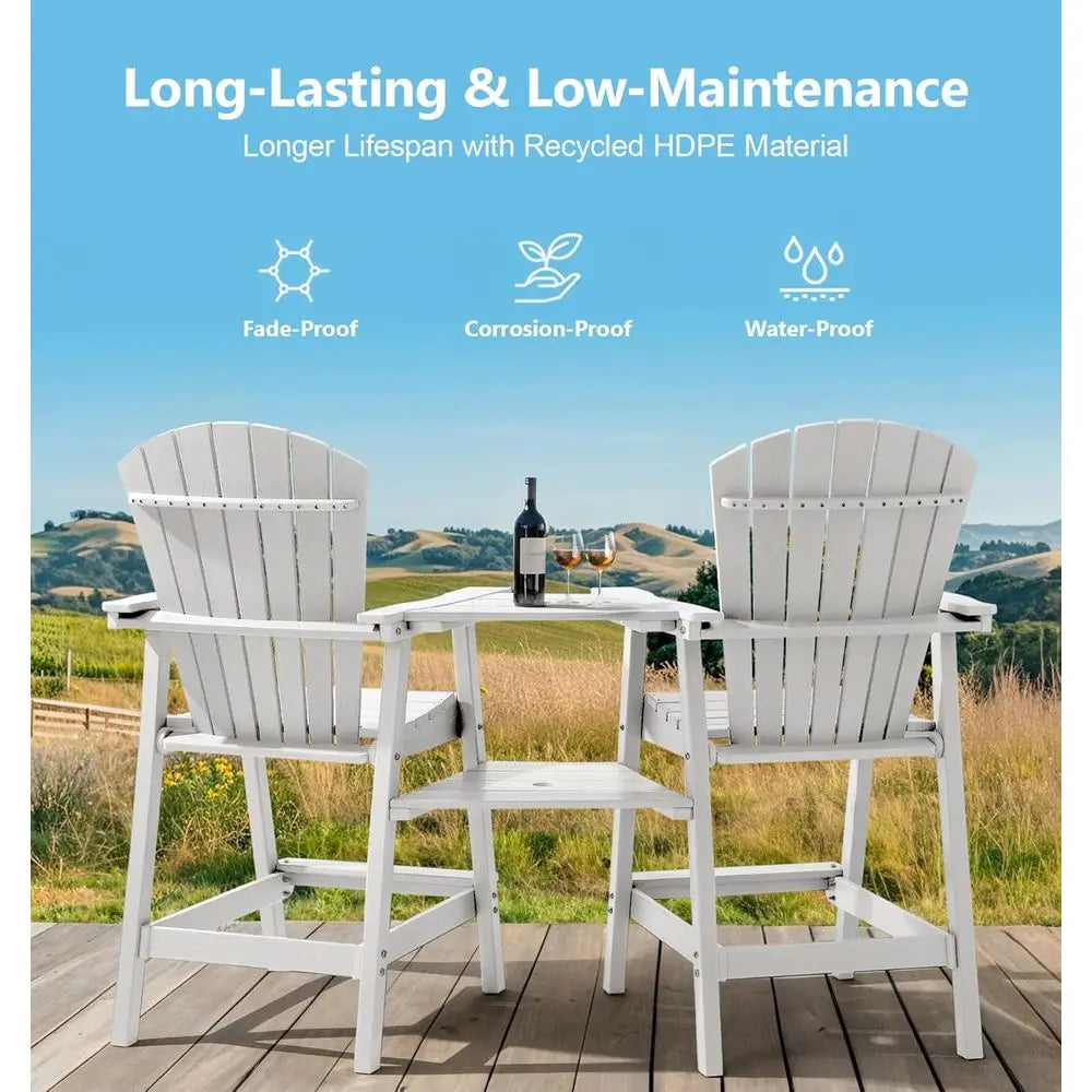 Set of 2 White Bar Height Outdoor Patio Chairs with Double Tray, Weather-Resistant for Balcony or Garden