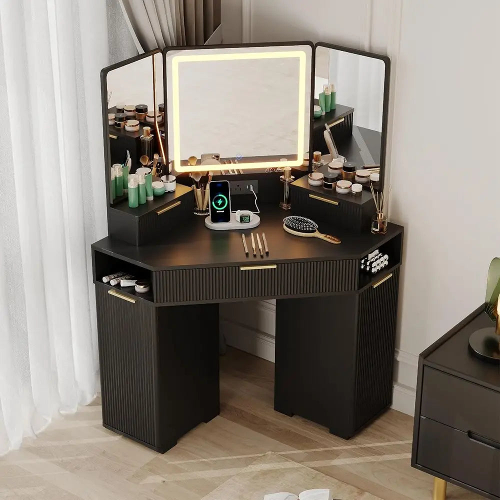Makeup Vanity Desk with Mirror, Lights & Charging Station – Modern Black Dressing Table with Storage Cabinet