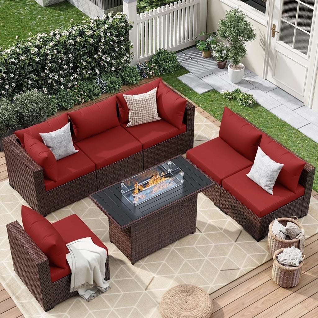 7 Pieces Patio Furniture Set All Weather Outdoor Sectional Sofa, Outdoor Modern Sectional Furniture Wicker Couch with Glass Coffee Table, Thicken Navy Blue Cushions, Water Resistant
