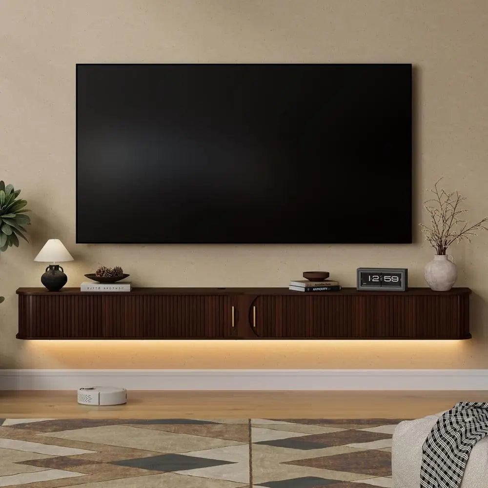 Floating TV Stand with Power Outlet & RGB LED Lights – 94.8" Walnut Entertainment Center