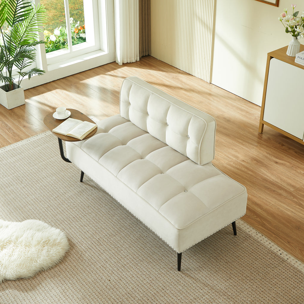 54-Inch Modern Two-Seater Velvet Sofa with Backrest & 360 Rotating Side Table - Includes Bench and Ottoman, Plush Cushions, Space-Saving Design for Living Room, Bedroom, Apartment Beige