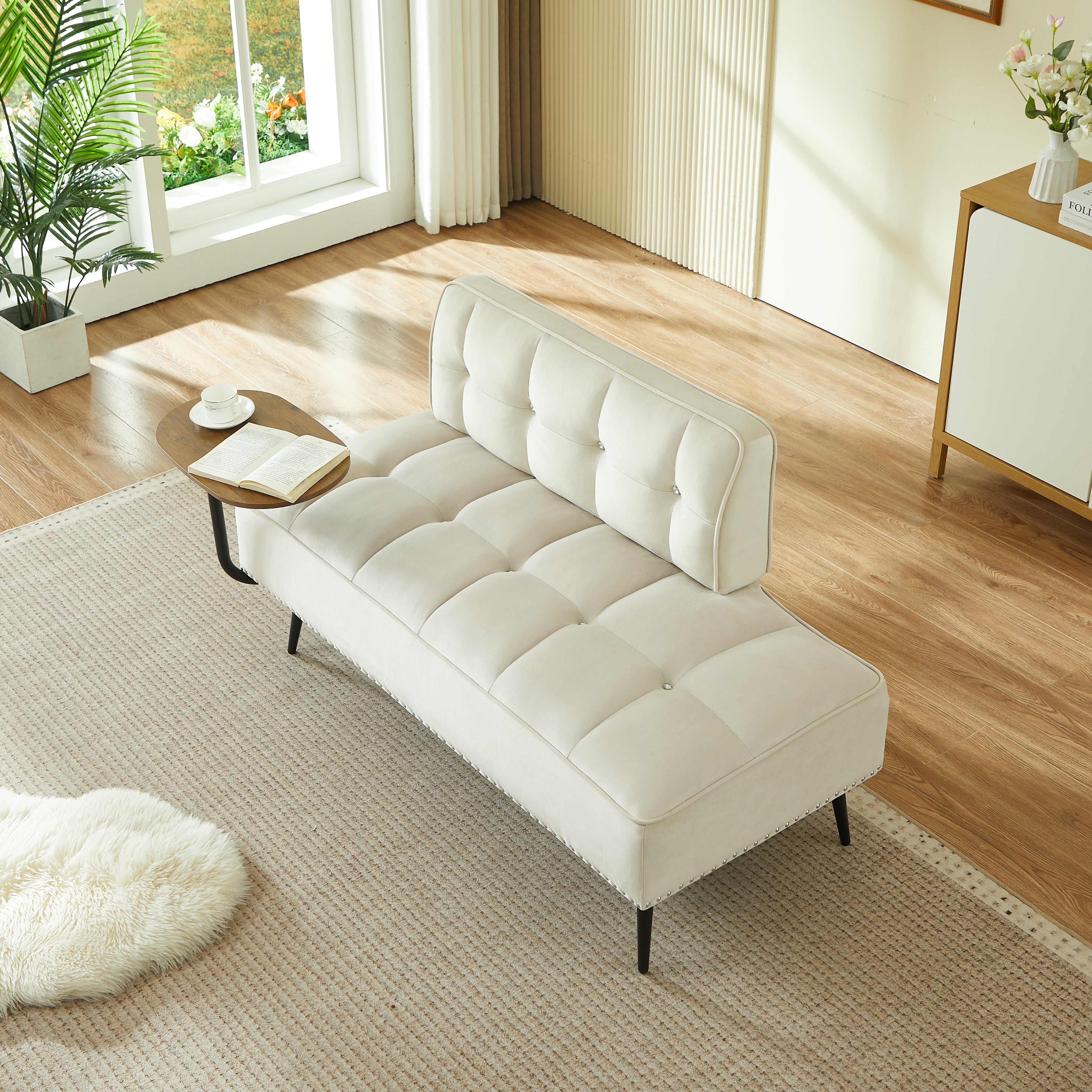 54-Inch Modern Two-Seater Velvet Sofa with Backrest & 360 Rotating Side Table - Includes Bench and Ottoman, Plush Cushions, Space-Saving Design for Living Room, Bedroom, Apartment Beige