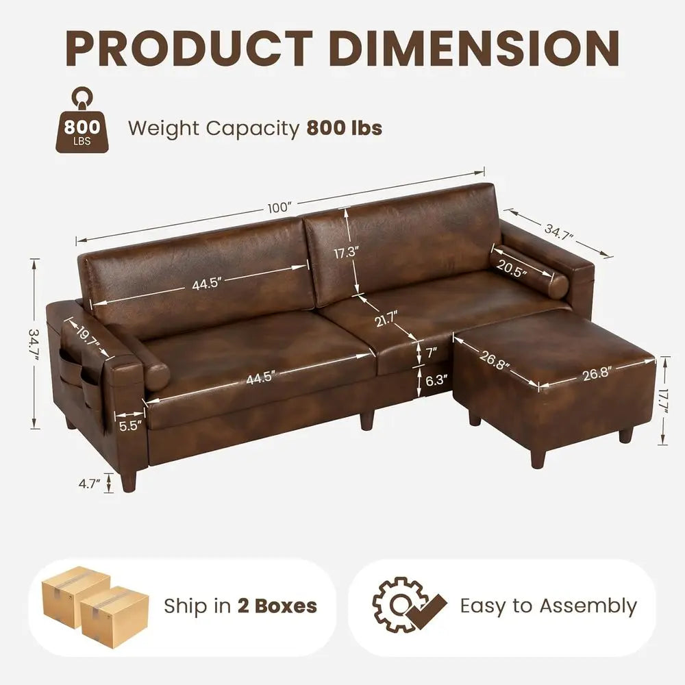 2-Seater L-Shaped PU Leather Sectional Sofa with Ottoman – Caramel