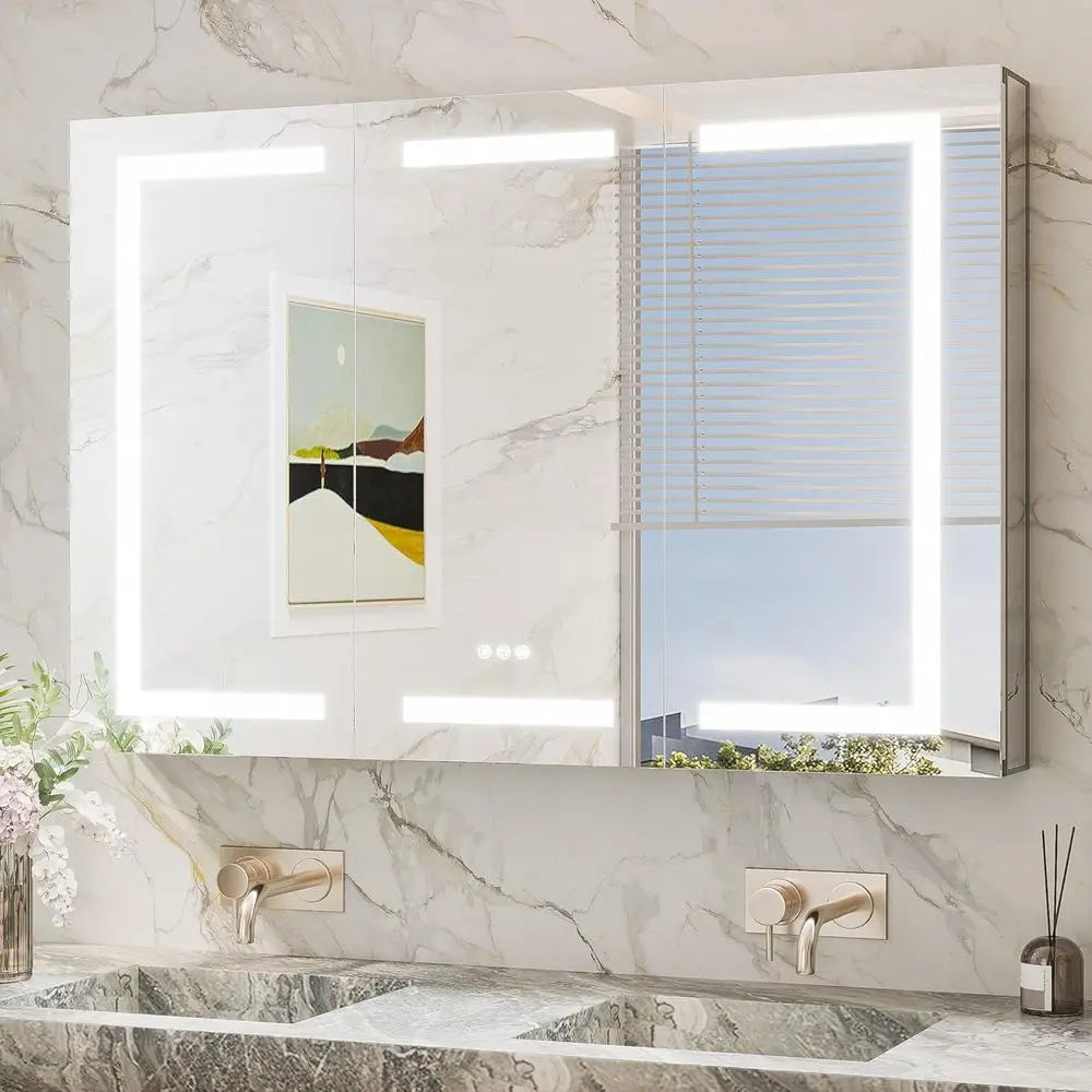 48 x 32 Inch LED Medicine Cabinet with Mirror – Frontlit Bathroom Vanity Cabinet with Adjustable Brightness, Built-In Outlets & Double-Sided Mirrors