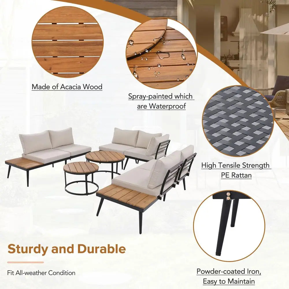Outdoor Sectional Sofa Set with round Nesting Coffee Tables and Cushions,6Piece Patio Furniture Set for Porch,Garden,Poolside A