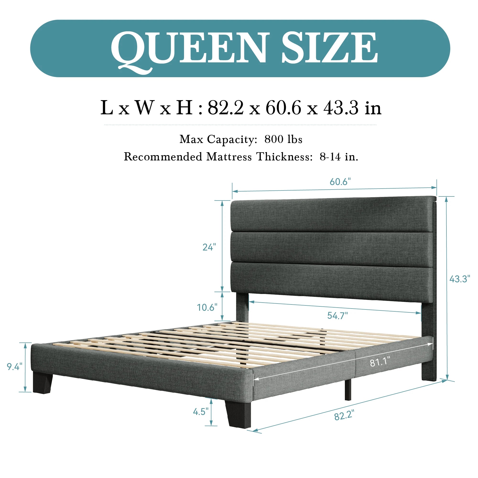 Bed Frame with Headboard, Fabric Platform Bed, Strong Wood Slats Support Panel Bed Mattress Foundation Allewie