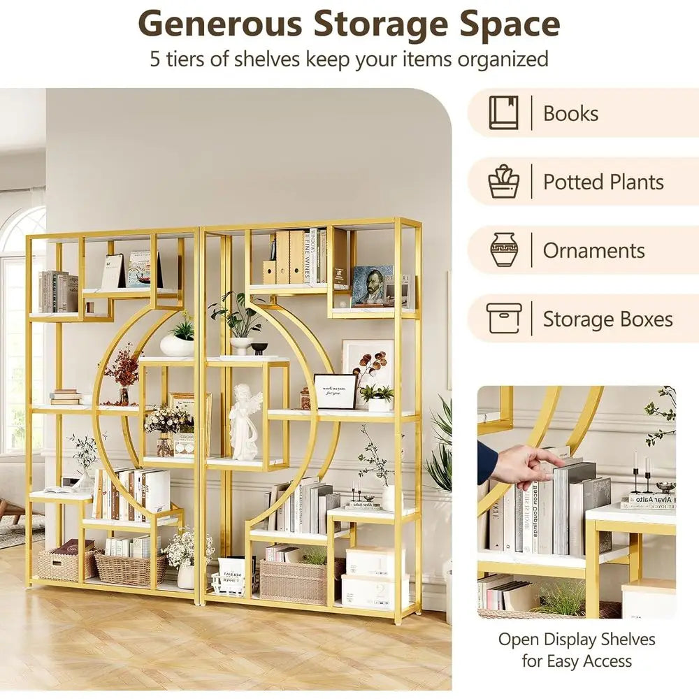 Luxe Marble White & Gold Bookshelf – 79" Wide Geometric Half-Moon Open Storage Shelf