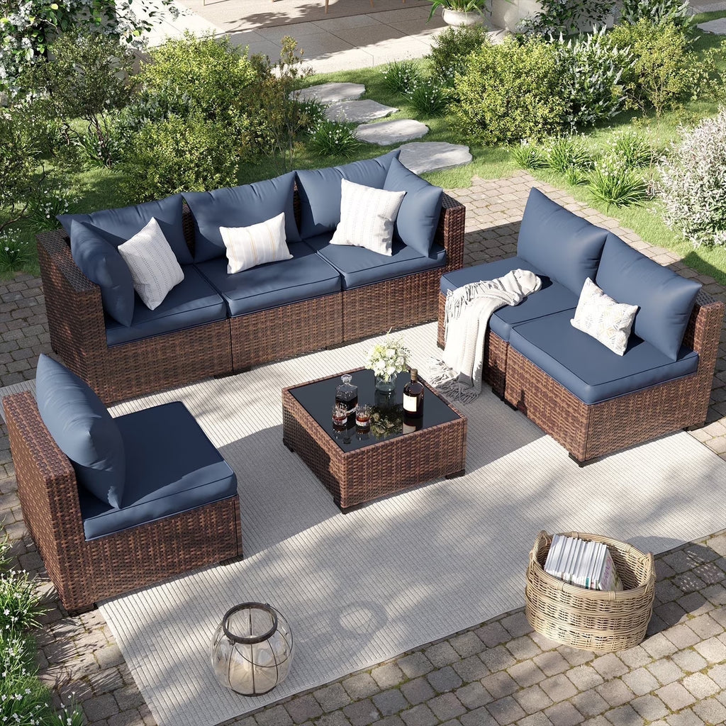 7 Pieces Patio Furniture Set All Weather Outdoor Sectional Sofa, Outdoor Modern Sectional Furniture Wicker Couch with Glass Coffee Table, Thicken Navy Blue Cushions, Water Resistant