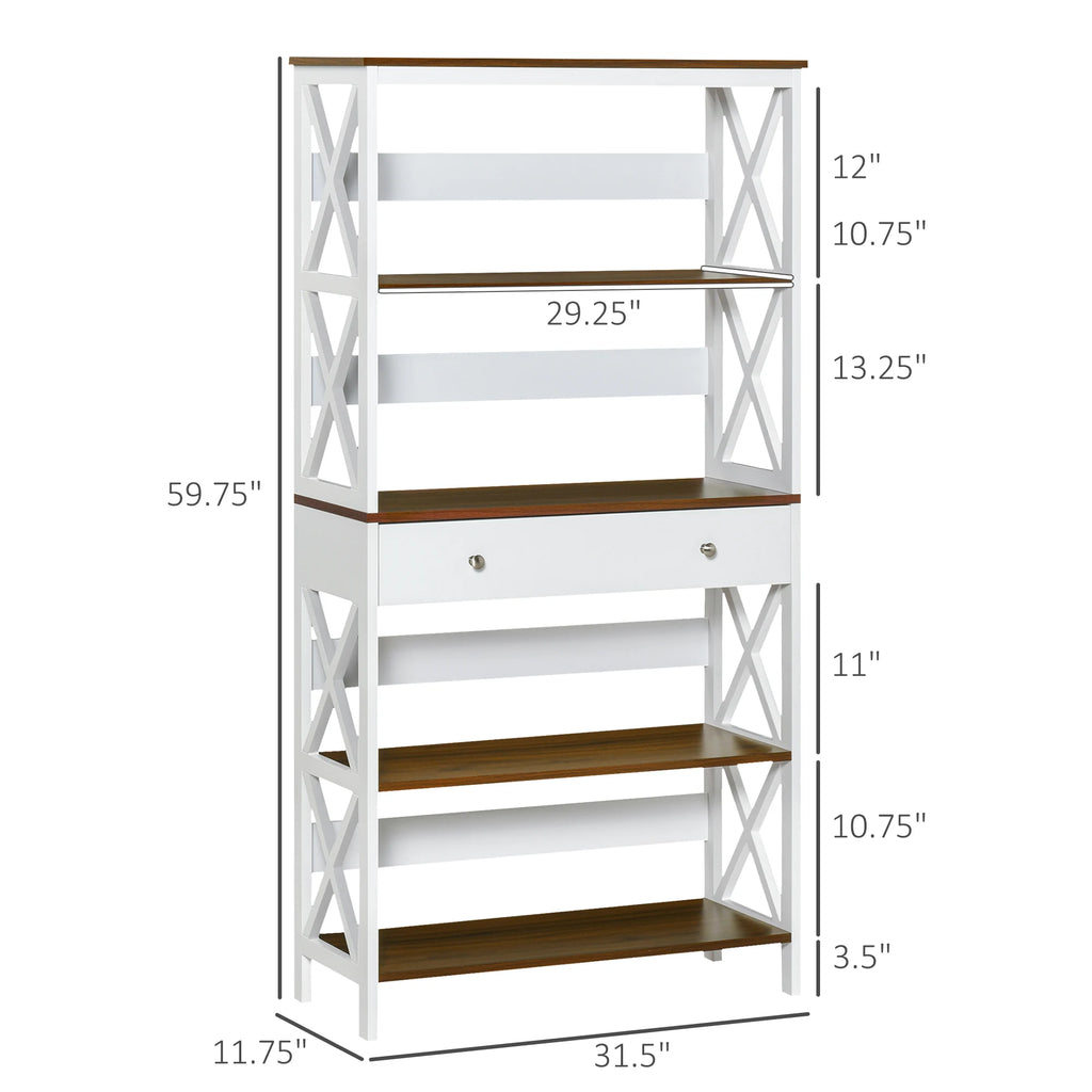 4-Tier Shelving Bookcase Storage Cupboard with Pull Out Drawer, and Wooden Frame with X Bar Stability, White