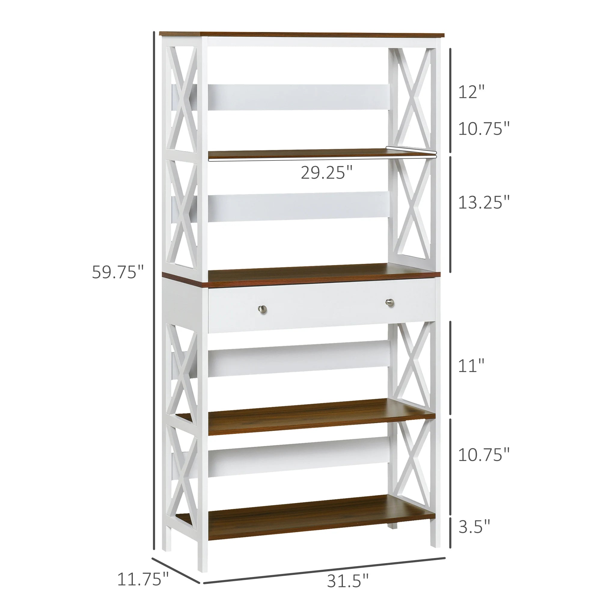 4-Tier Shelving Bookcase Storage Cupboard with Pull Out Drawer, and Wooden Frame with X Bar Stability, White