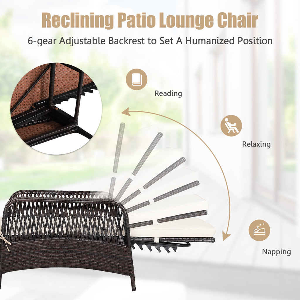 Rattan Patio Lounge Chair Chaise W/ Adjustable Backrest Cushion & Pillow