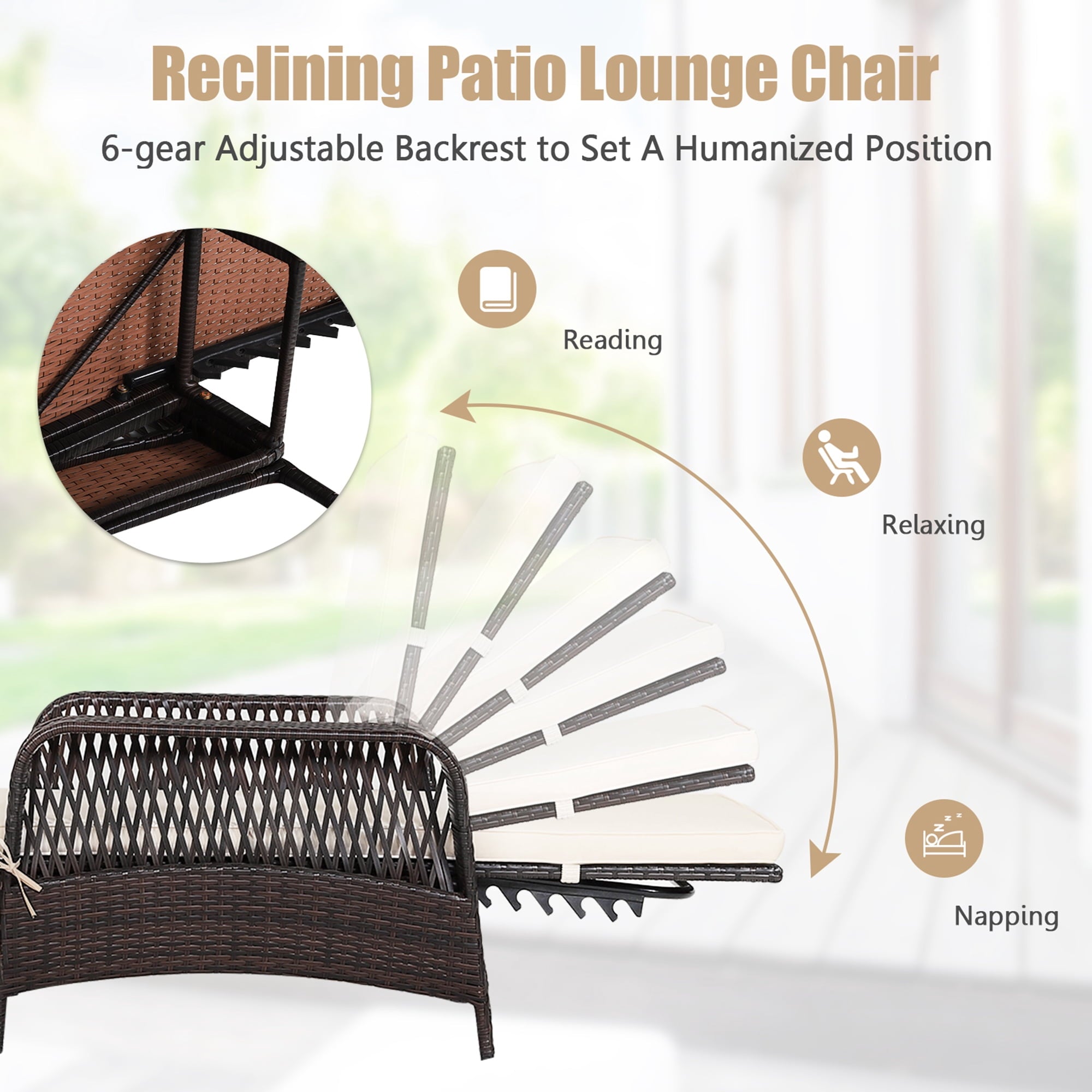Rattan Patio Lounge Chair Chaise W/ Adjustable Backrest Cushion & Pillow