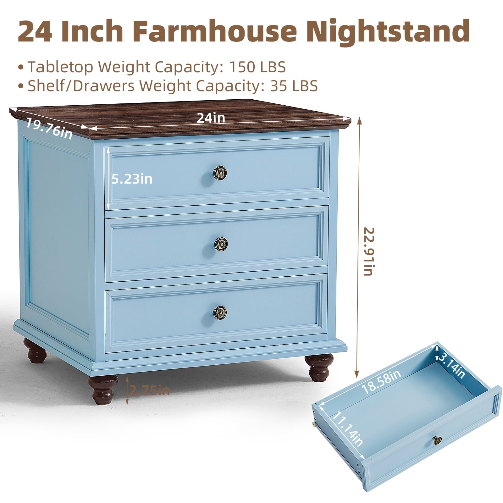 Nightstand with 3 Drawers, Bedside Table for Bedroom, Spacious Storage Cabinet for Living Room,Closet - Light Blue