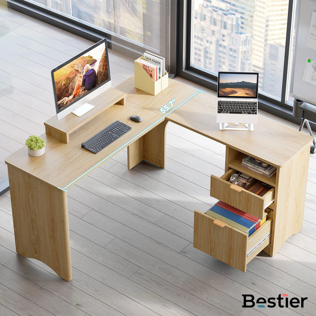 L Shaped Desk with Drawers, 55.7" X 55" Office Computer Desk with round Corners, Monitor Stand & Fluted Panels, Natural Oak