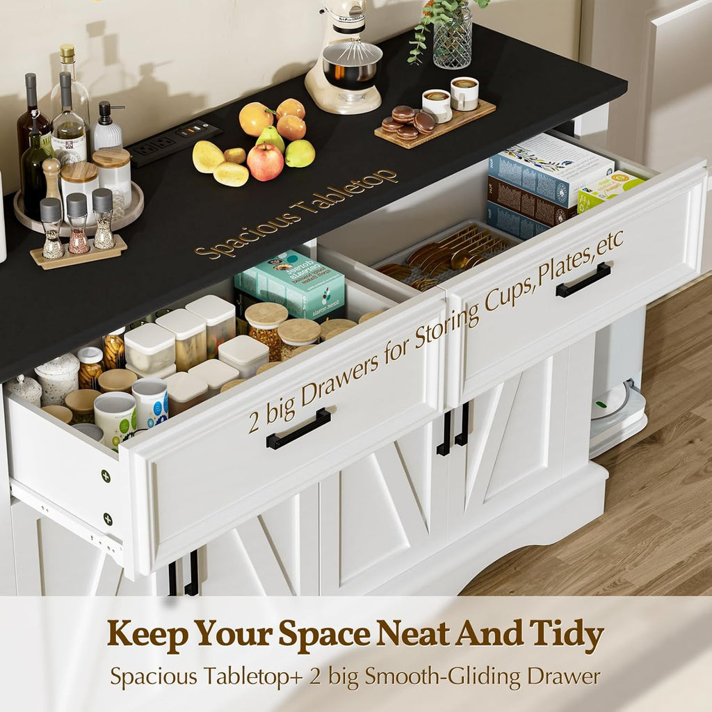 Buffet Cabinet with Drawers, 56" Large Sideboard Buffet Storage Cabinet with Shelves and Doors, Wave Base Design, Multi-Purpose Buffet Table with Charging Station for Living Room,Dining Room,White