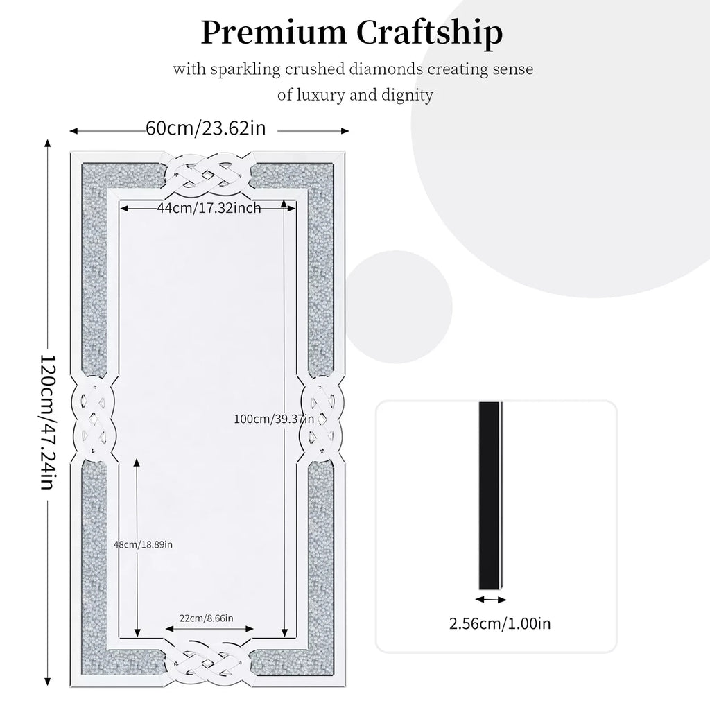 Crushed Diamond Wall Mirror Rectangular Glass Silver Vanity with Decorative Glam Bling Crystal Frame Edge
