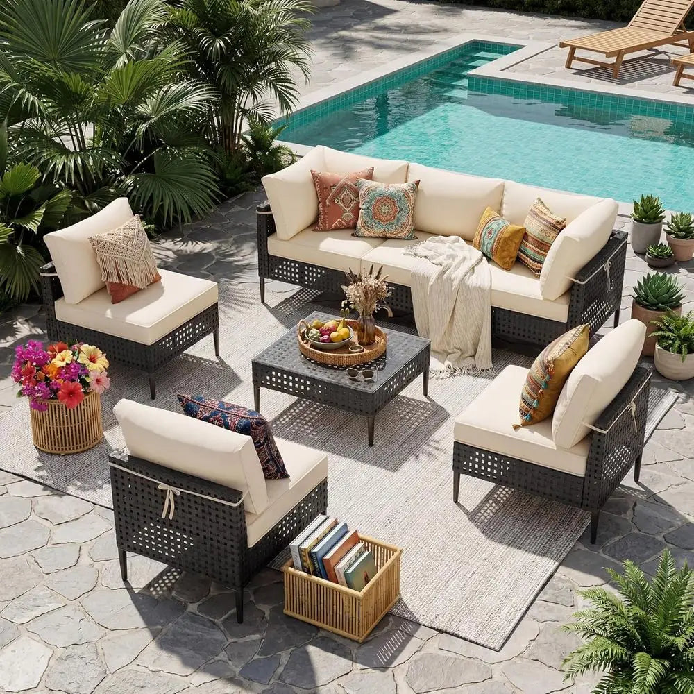 7-Piece High-Leg Outdoor Sectional Patio Sofa Set with Glass Coffee Table, Ideal for Garden, Deck, Poolside - Black