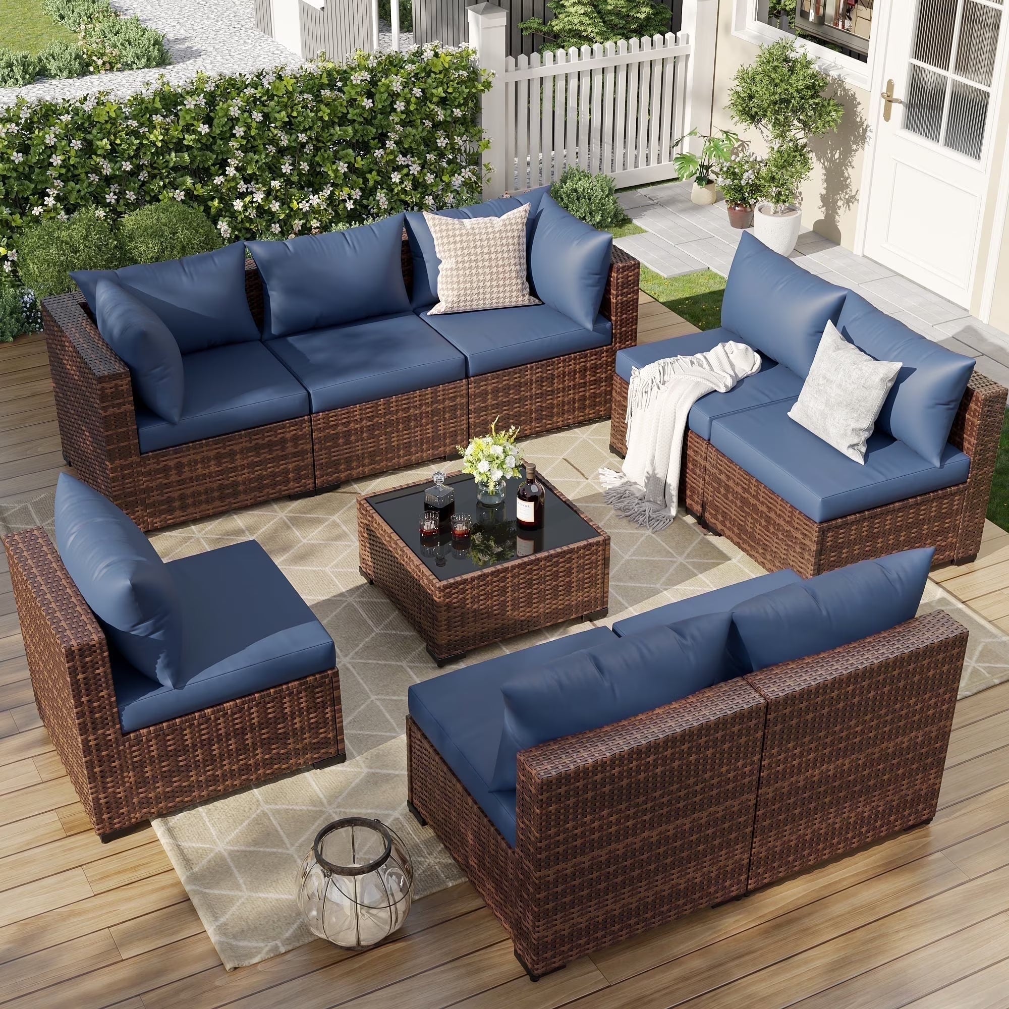 7 Pieces Patio Furniture Set All Weather Outdoor Sectional Sofa, Outdoor Modern Sectional Furniture Wicker Couch with Glass Coffee Table, Thicken Navy Blue Cushions, Water Resistant