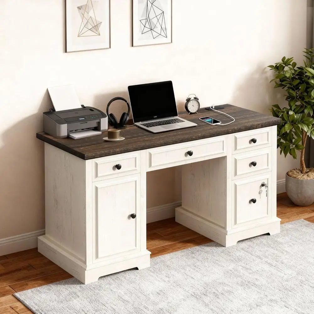 59" Executive Desk with Drawers, Lockable File Cabinet & Power Outlet – Warm White