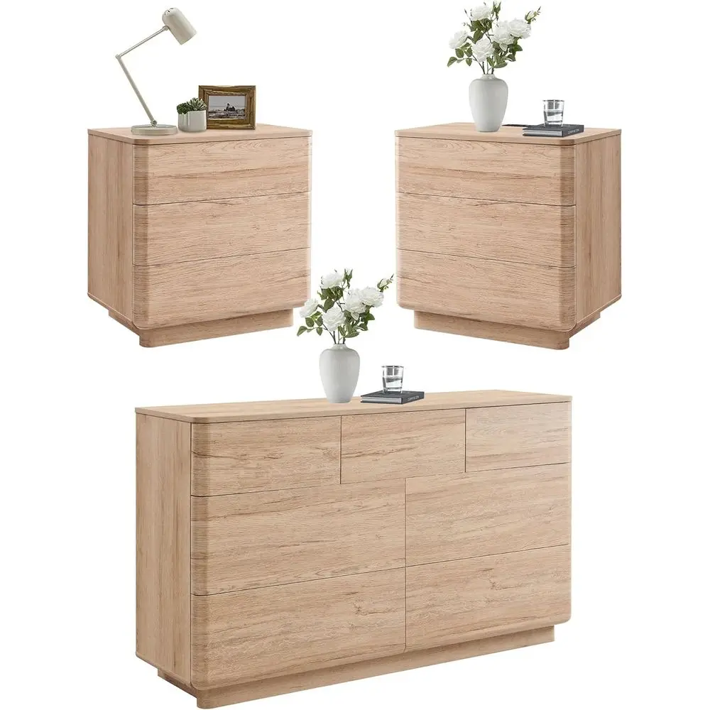 3-Piece Bedroom Furniture Set with 52" Dresser & 2 Nightstands with Charging Station – Natural Oak