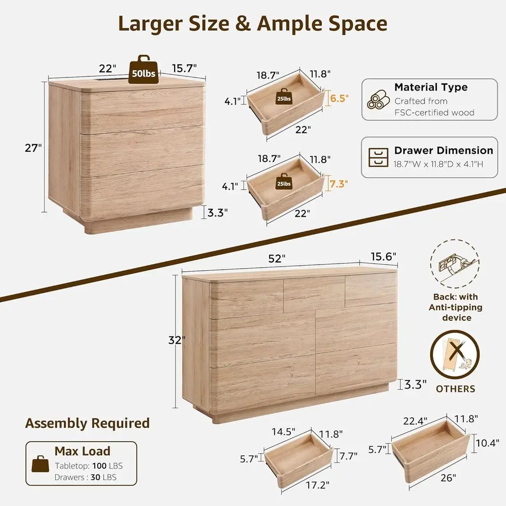 3-Piece Bedroom Furniture Set with 52" Dresser & 2 Nightstands with Charging Station – Natural Oak