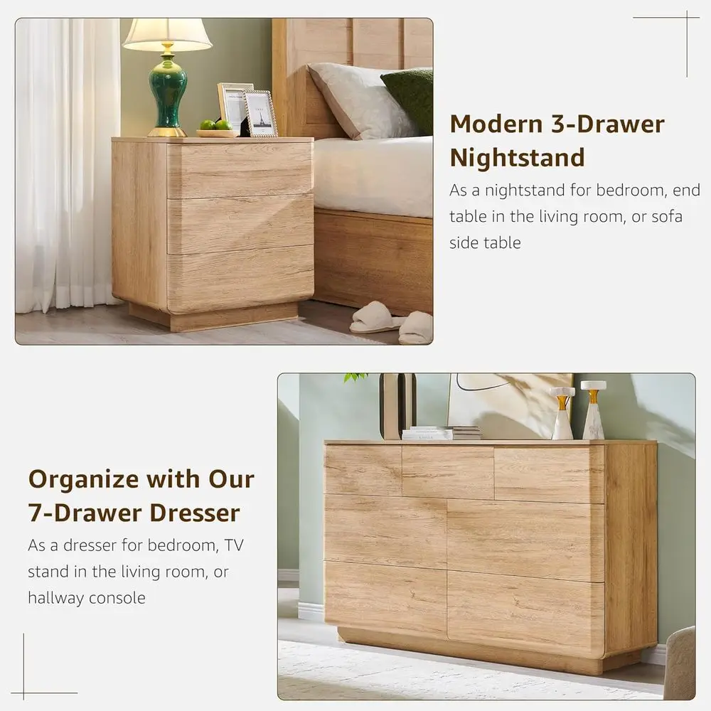 3-Piece Bedroom Furniture Set with 52" Dresser & 2 Nightstands with Charging Station – Natural Oak