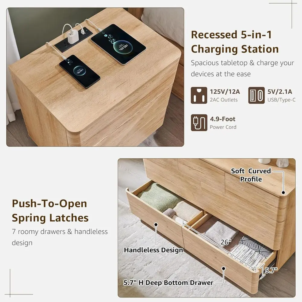 3-Piece Bedroom Furniture Set with 52" Dresser & 2 Nightstands with Charging Station – Natural Oak