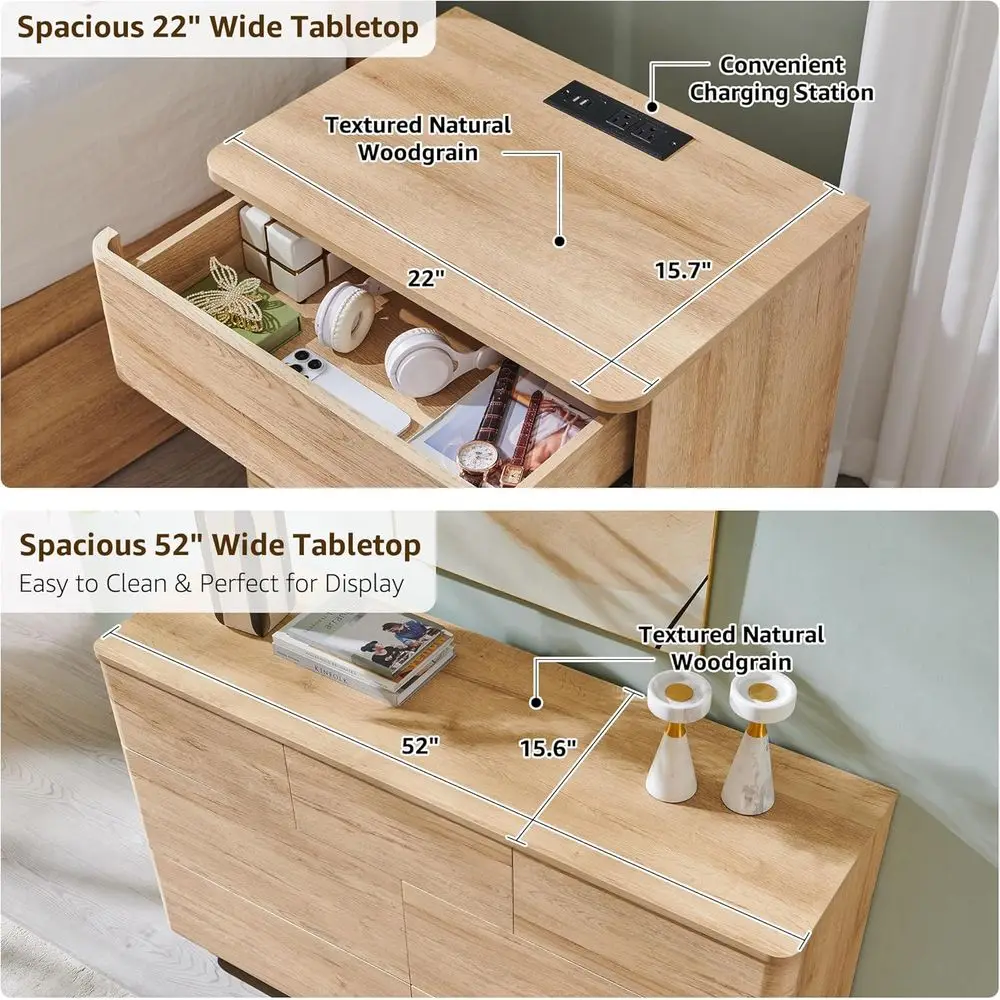 3-Piece Bedroom Furniture Set with 52" Dresser & 2 Nightstands with Charging Station – Natural Oak