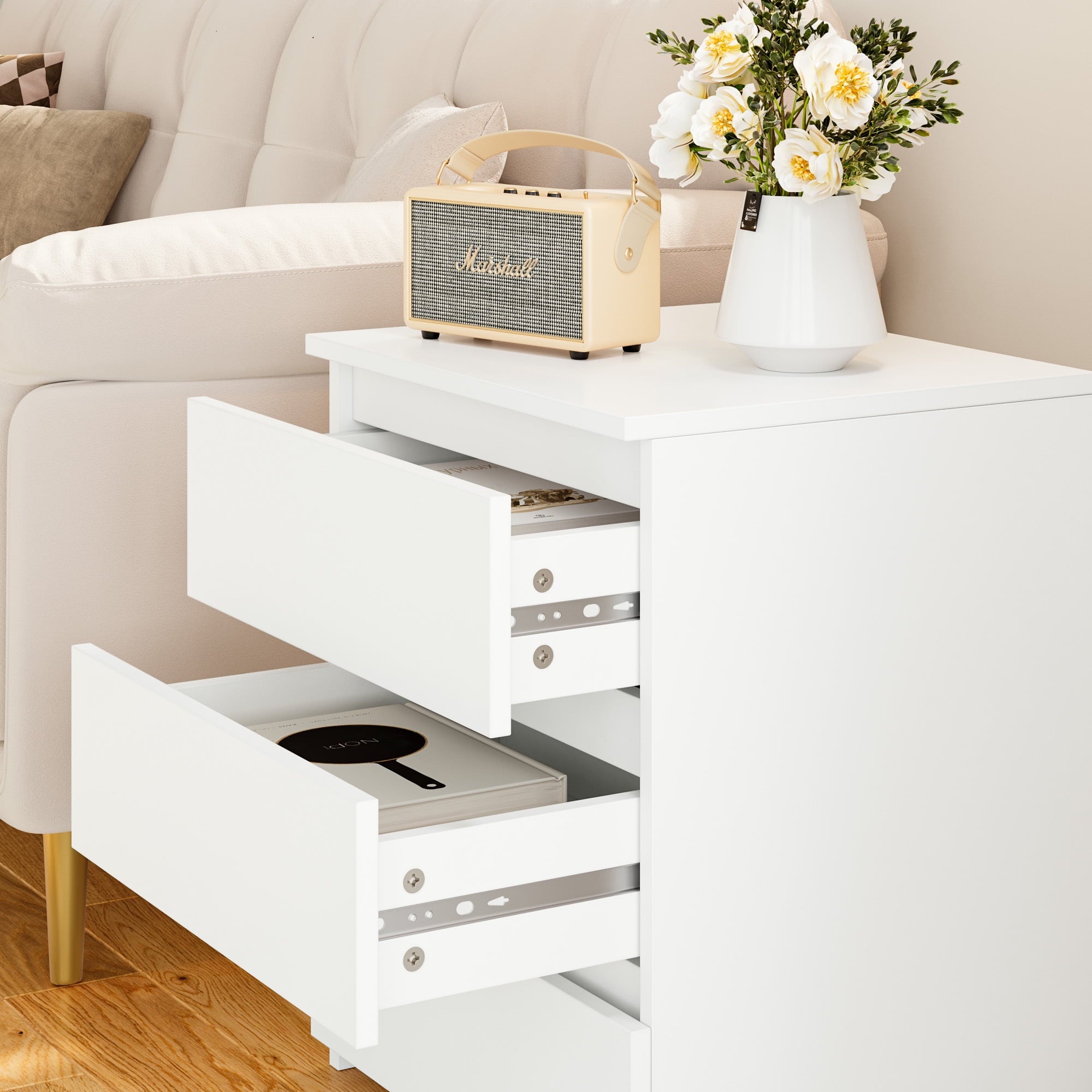 White Nightstand with 3 Drawers Set of 2, Sofa Table for Living Room, Modern Wooden Storage Cabinet for Bedroom