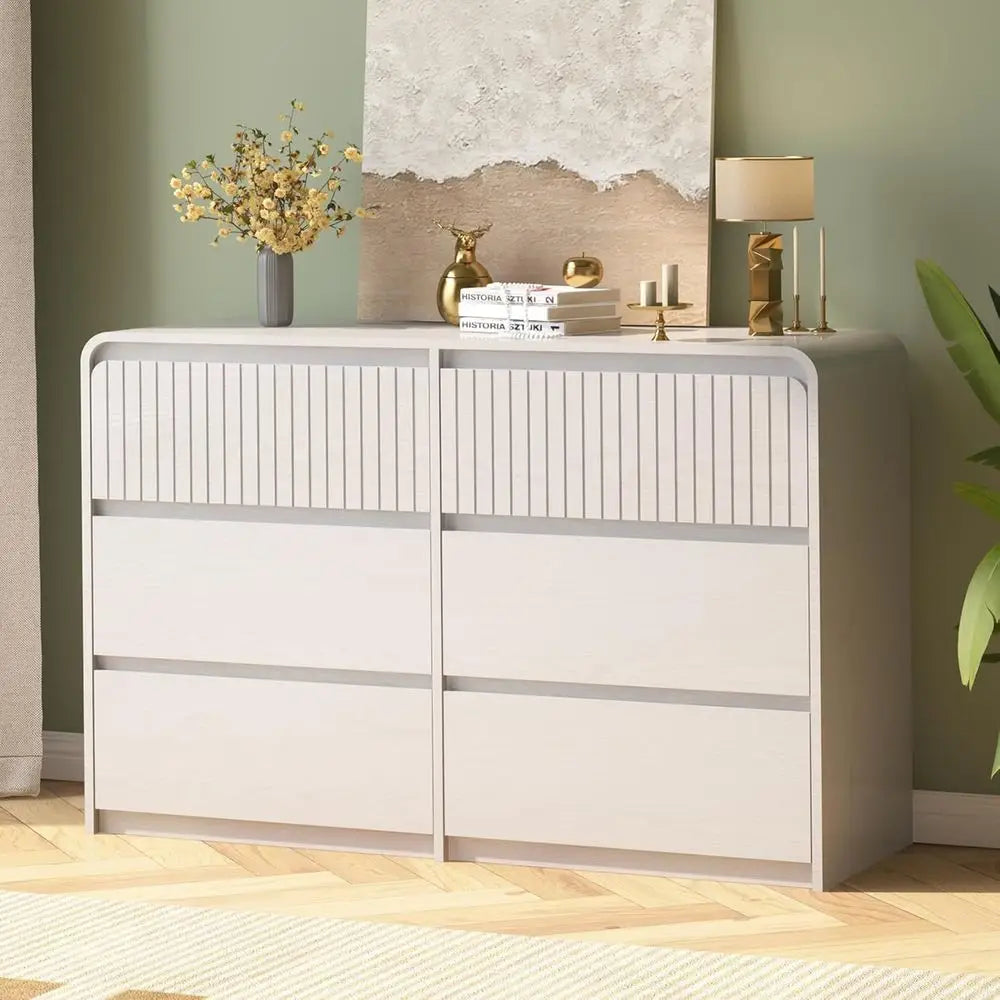 3-Piece White Bedroom Furniture Set with 6-Drawer Dresser & 2 Nightstands – Modern Curved Design