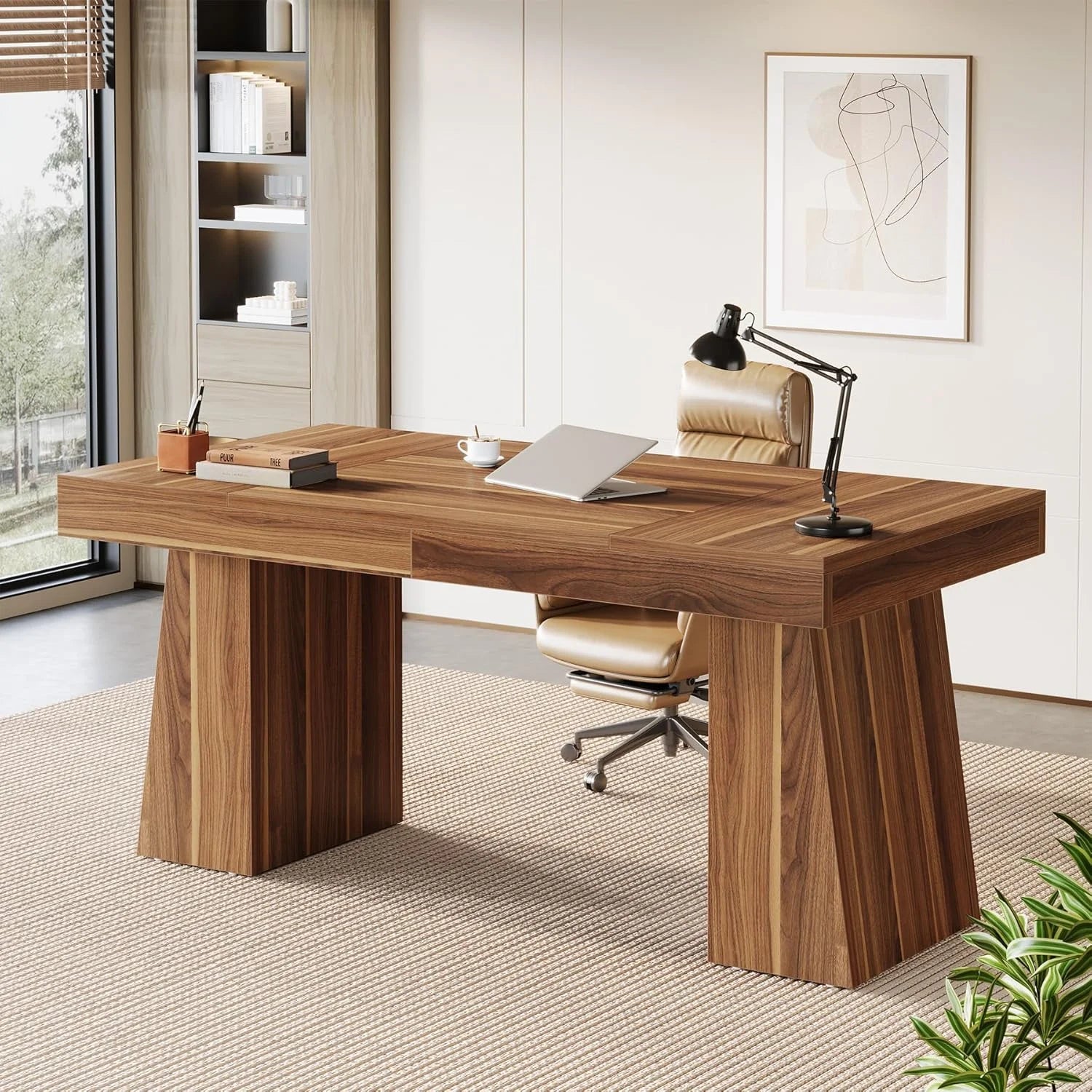 Large Wood Executive Desk, 55" Rectangle Office Desk with Double Pedestal, Modern Minimalist Computer Desk Workstations Conference Table Furniture for Home Office(Black)