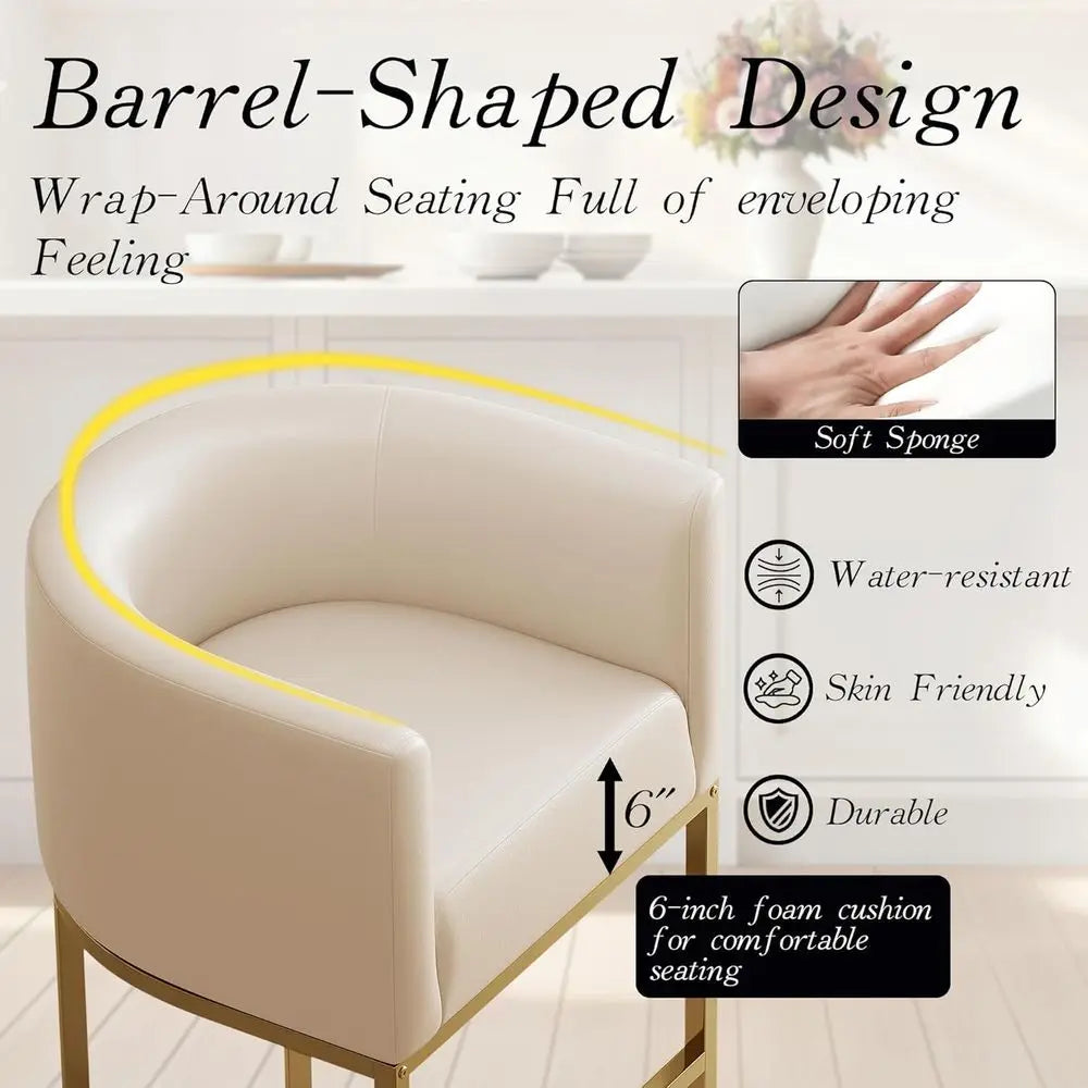 Counter Height Bar Stools Set of 4 – Beige White PU Leather Swivel Barrel Chairs with Gold Metal Legs, 26-Inch