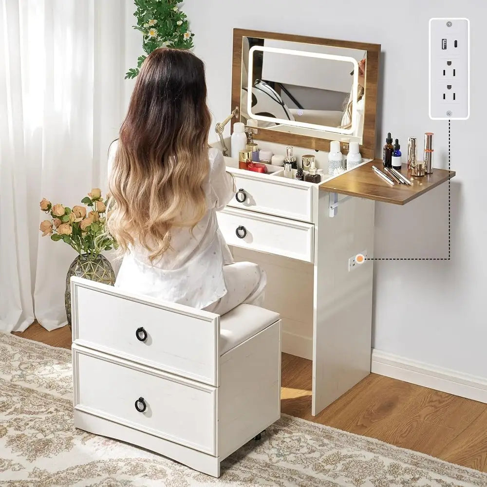 Compact 3-in-1 Makeup Vanity Desk with Mirror, Lights & Hidden Chair – White & Barnwood Finish