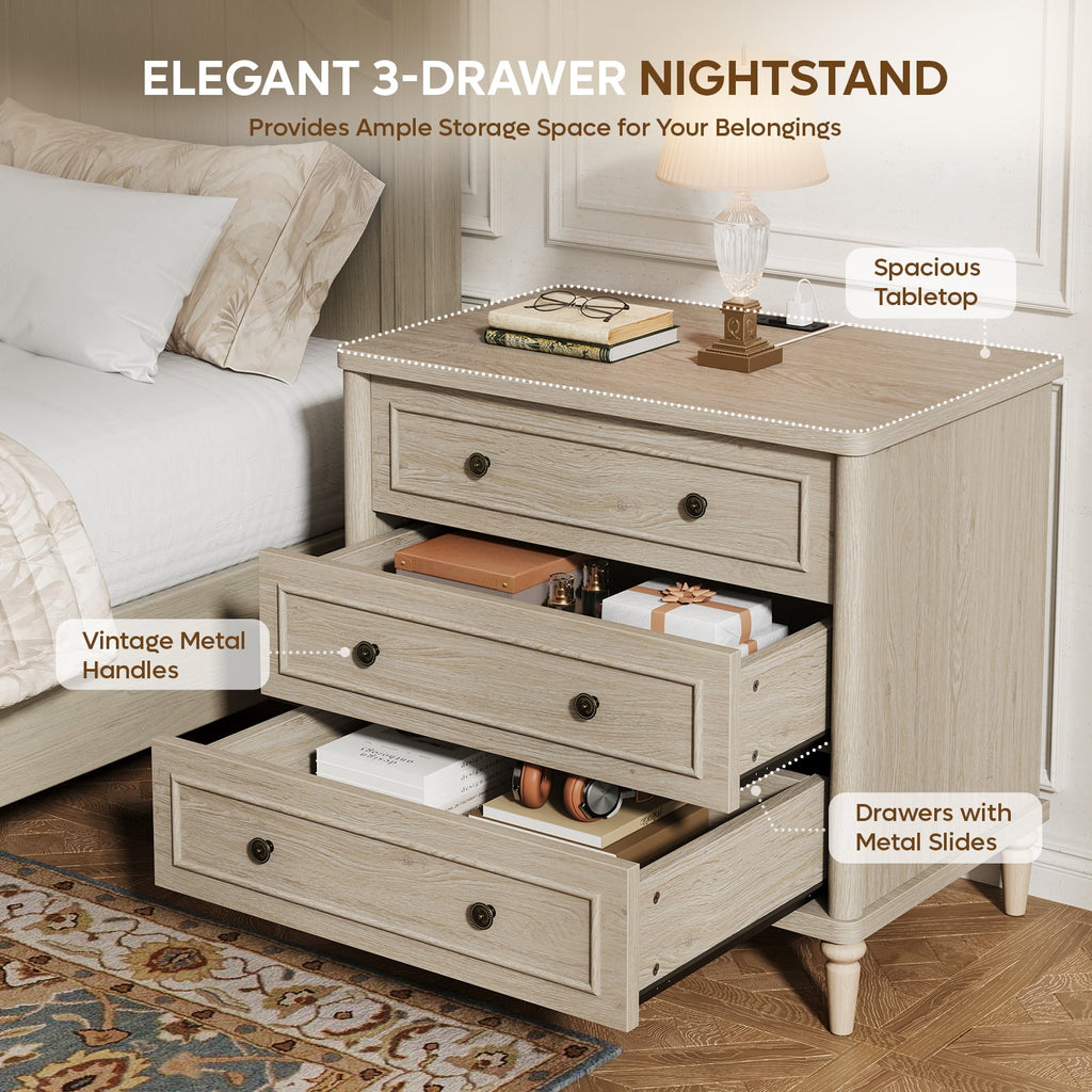 Farmhouse Nightstand Set of 2 with 3 Drawers, Wood Bedside Table Night Stand with Charging Station, Sofa Side End Table for Bedroom, Living Room, Oak