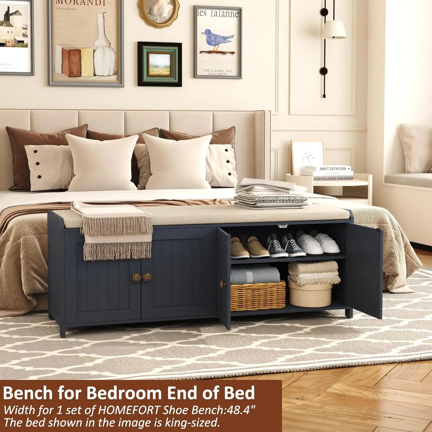 48.4" Shoe Storage Bench with Cushion, Entryway Bench with Paddded Seat, 2-Tier Shoe Cabinet Bench with Adjustable, Customized