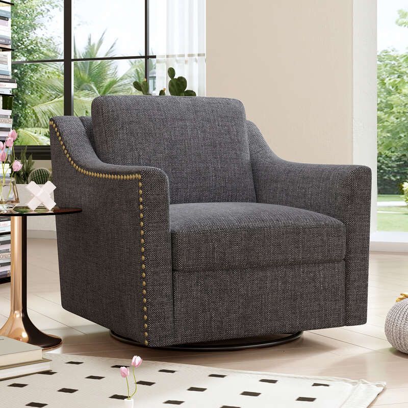 360° Swivel Accent Chair – Modern Upholstered Barrel Armchair with Nailhead Trim