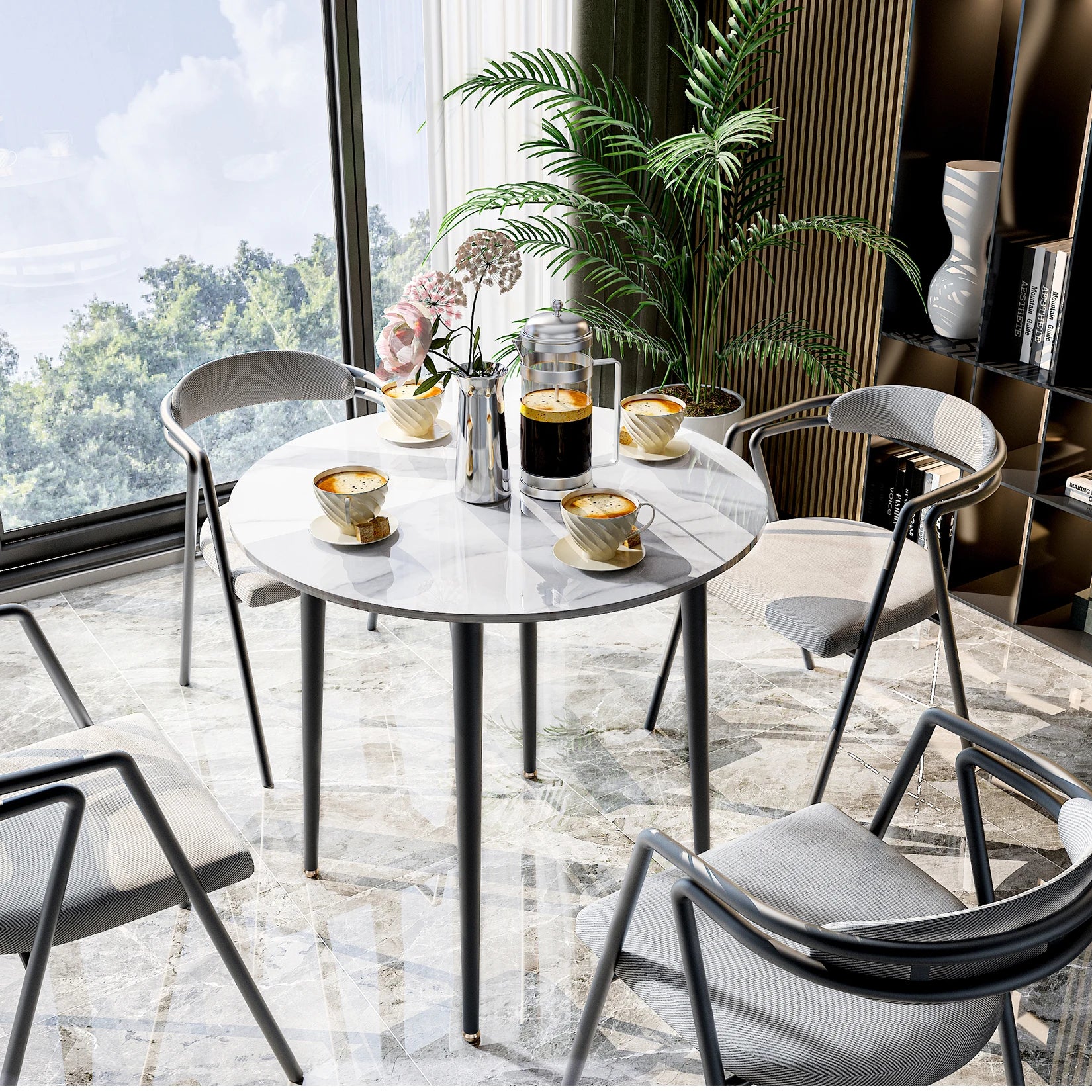 32" Sintered Stone Dining Table round Reception Coffee Table for 2-4 Person - Small Kitchen Table with Black Metal Legs