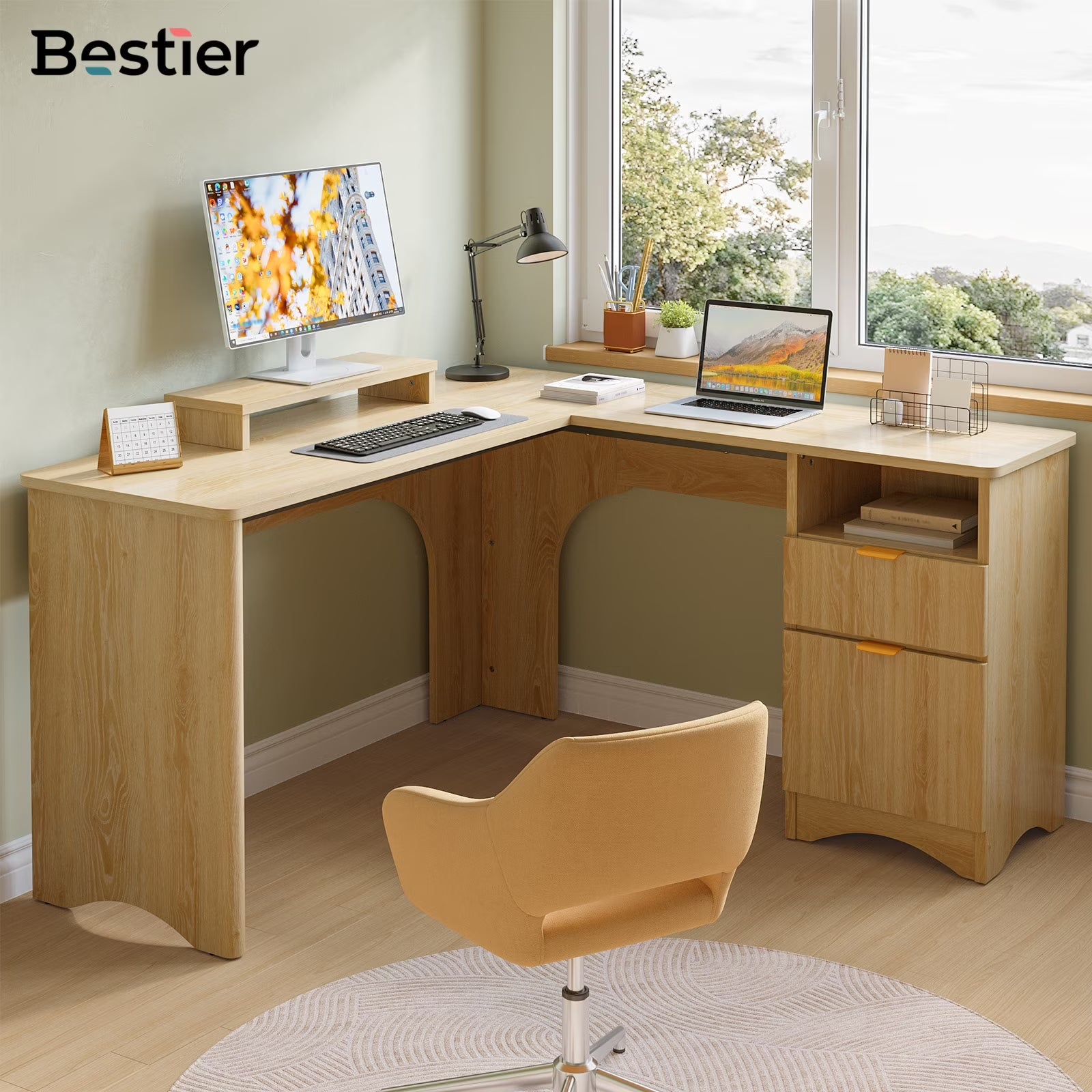 L Shaped Desk with Drawers, 55.7" X 55" Office Computer Desk with round Corners, Monitor Stand & Fluted Panels, Natural Oak
